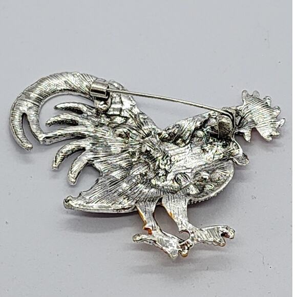 Rooster Brooch Rhinestone & Faux Jewel Pinks and Purples Silver Plated - Picture 5 of 5